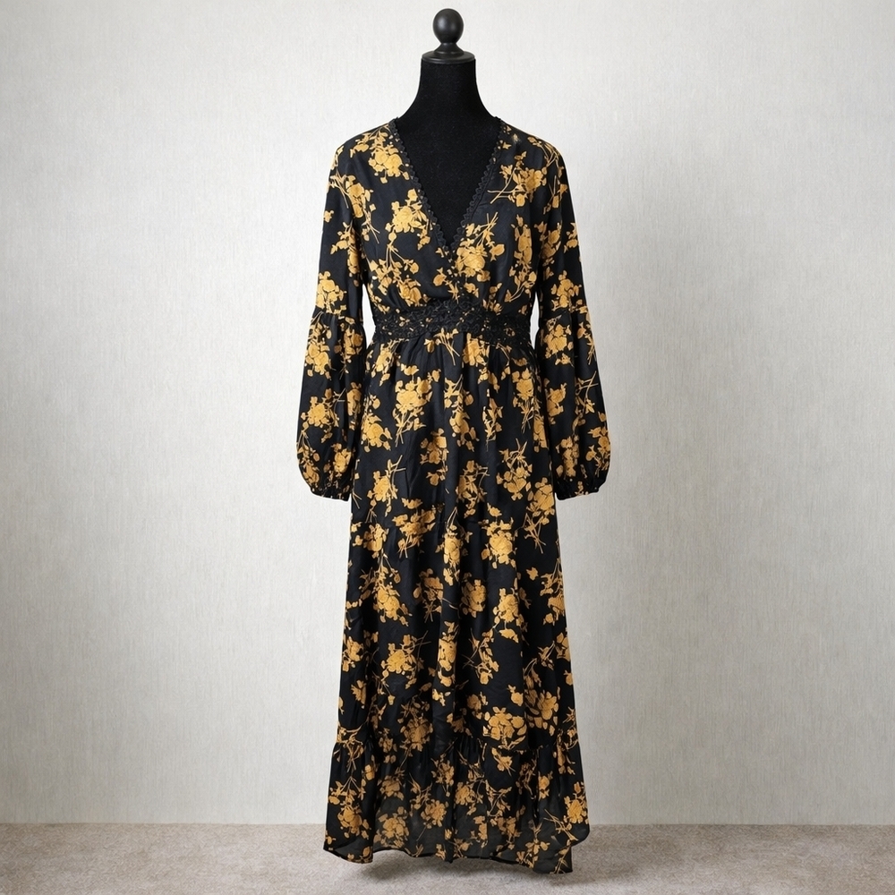 Miss Sparkling Floral Prairie Maxi Dress Lace Waist Plunge V Neck High Low NWT